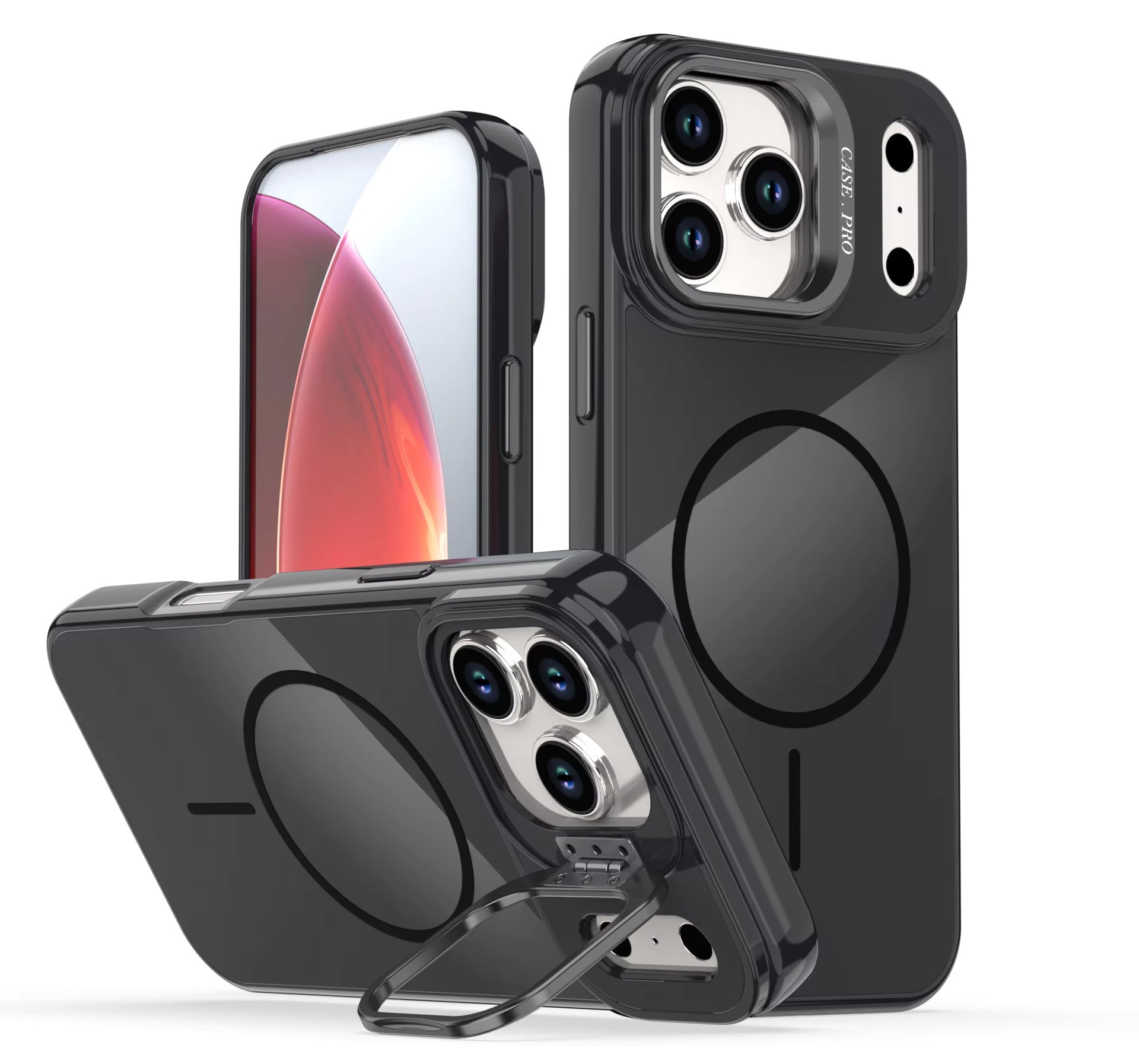 Reiko Built-in Stash Stand, Shockproof, Sturdy, Compatible with MagSafe Protection Stylish Cover, Compatible with IPHONE 17 PRO MAX , PC76-IPH17MAXBK